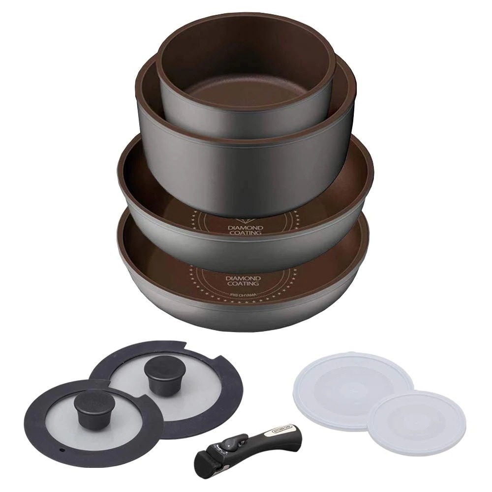 アイリスオーヤマ フライパン 鍋 セット フライパンセット IH ガス火対応 9点 ダイヤモンドコートパン シルバー 軽量 取っ手がとれる こびりつかずにお手入れ簡単 H-IS-SE9