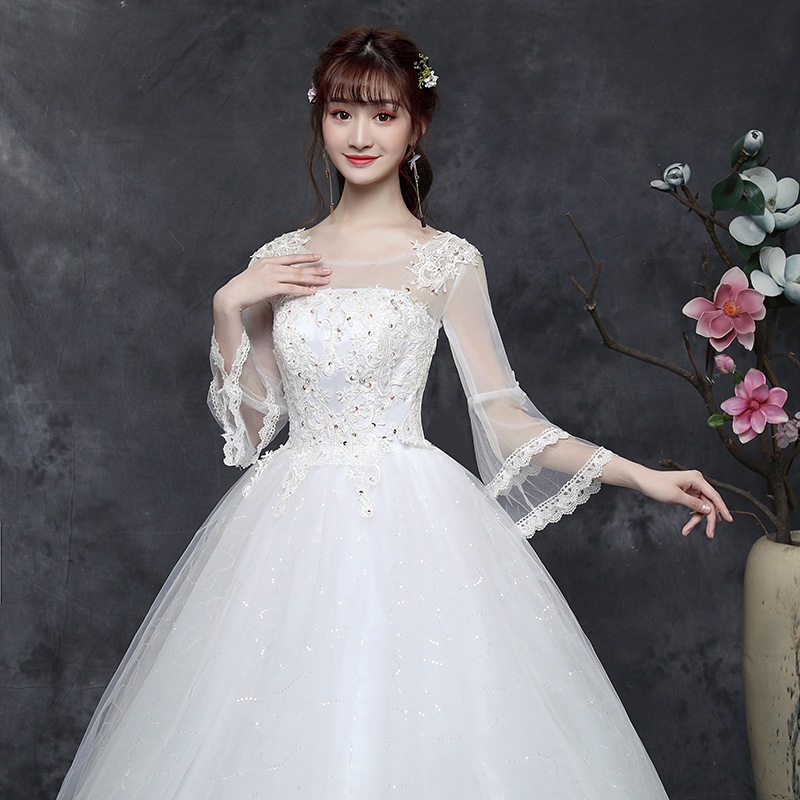 8055ウェディングドレス　白 大きいサイズ フレア袖 ロングドレス プリンセス Aライン 結婚式二次会　発表会　披露宴　演奏会　小さいサイズ