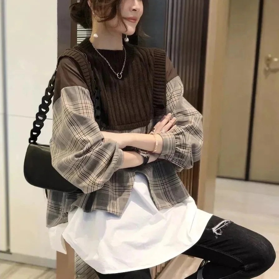 超人気商品 重ね着風 チェック柄 ニット 切り替え 不規則 シャツ2876