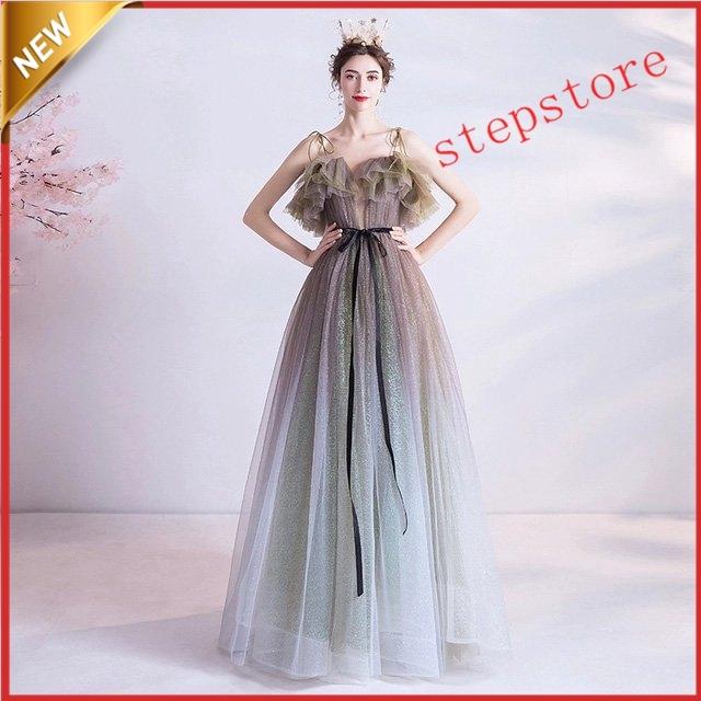 スパンコール イブニングドレス フレア ロングドレス グラデーション キャミ 二次会ドレス キレイめ30代 40代 パーティードレス お呼ばれ