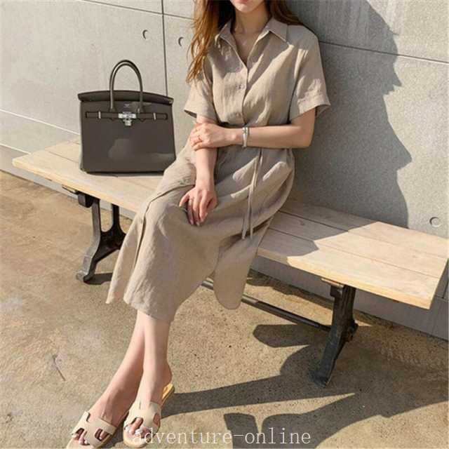 【2025新作入荷】シャツワンピース トップス ワンピ シンプル ブラック 黒 カーキ ミディアム丈 袖あり 半袖 Vネック 襟付き ストレート 大人女子 大人 上