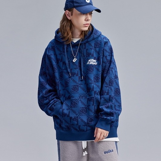 ロイヤルブルーベルベットの厚みのある冬用オールプリントフード付きスウェットシャツ