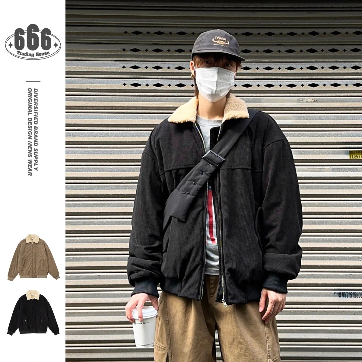 アメリカンレトロなラムの毛襟の開襟工装コーデュロイコート冬の綿入れ男女