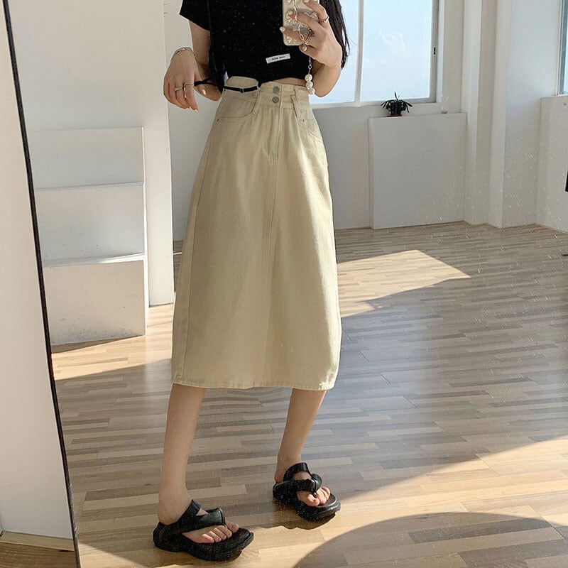 スカート ボトムス ミディアム丈 カラーデニム フレア Aライン ポケット付き ウエストゴム ボリューム モード ハイウエスト ワイド ゆったり ストレッチ 韓国 かわいい 可愛い リラックス lbo