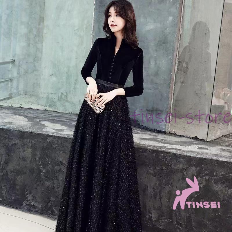 新モデル発売 おしゃれロング ドレス パーティードレス カッコイイ 長袖 シック 個性的 黒 スタンドカラー 結婚式 二次会 お呼ばれ フォーマル 演奏会 発表会 利用可能なポイント