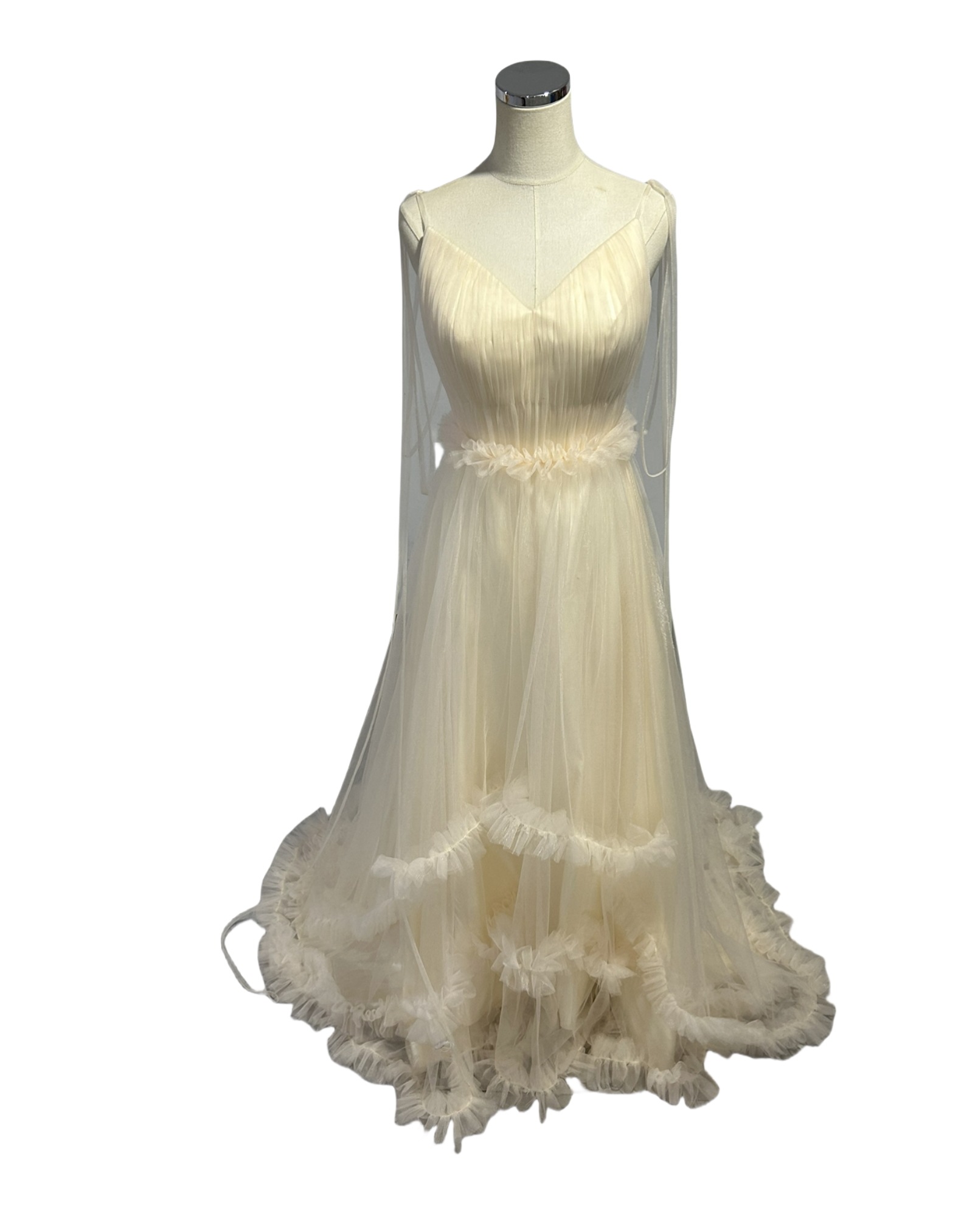 カラードレス キャミソール 薄シャンパンの色 背中見せ ラッフルフリル ソフトチュール 可愛い 前撮り