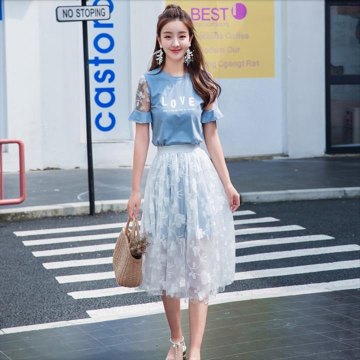 大人可愛い カジュアル系半袖Tシャツ＆ロングスカート 上下セット レース 透け感 こなれ感 春夏 お出かけやデートにも