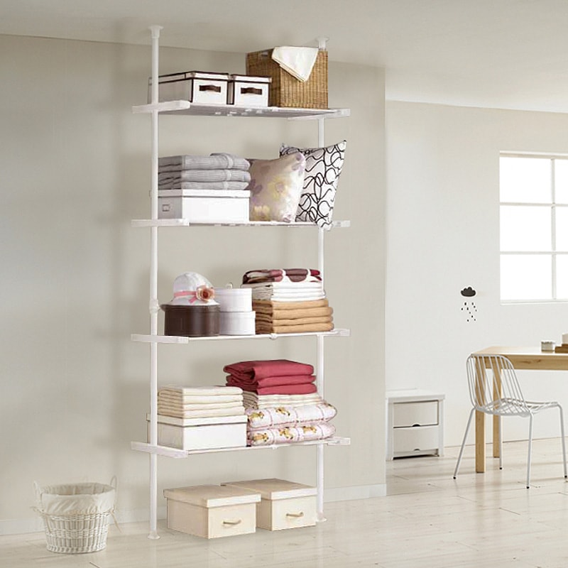 【簡単】ワンタッチ式突っ張りポールハンガーラック 棚付き 4段 突っ張り棚 総耐荷重80kg 幅75-110cm 高さ170-280cm リビング収納 壁面収納 クローゼット OH-2003 正規品