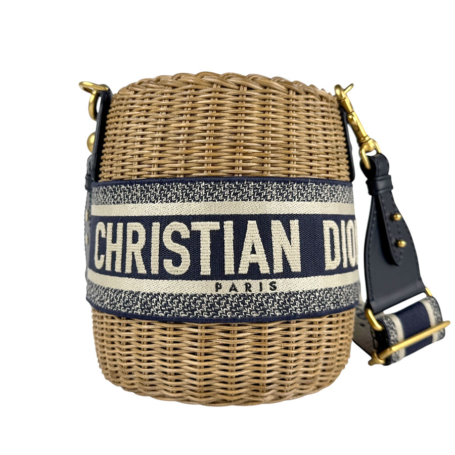 クリスチャンディオール Christian Dior ショルダーバッグ カゴバッグ ディオール オブ リーク キャンバス/ラタン ネイビー×ブラウン レディース z6341