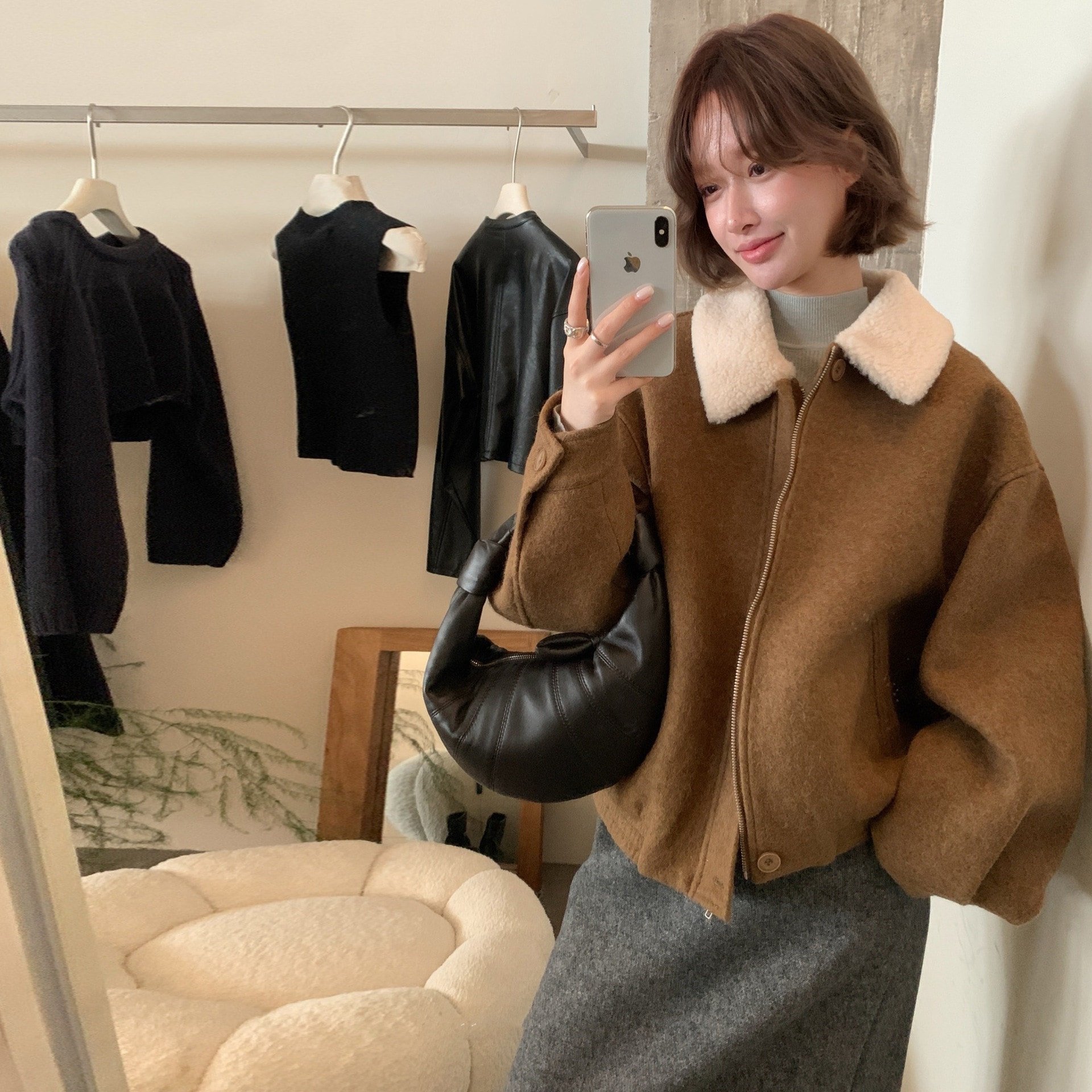 襟付き配色ウールブレンドアウター 秋冬ジッパー保温ウールトップス レディース フェイクファー