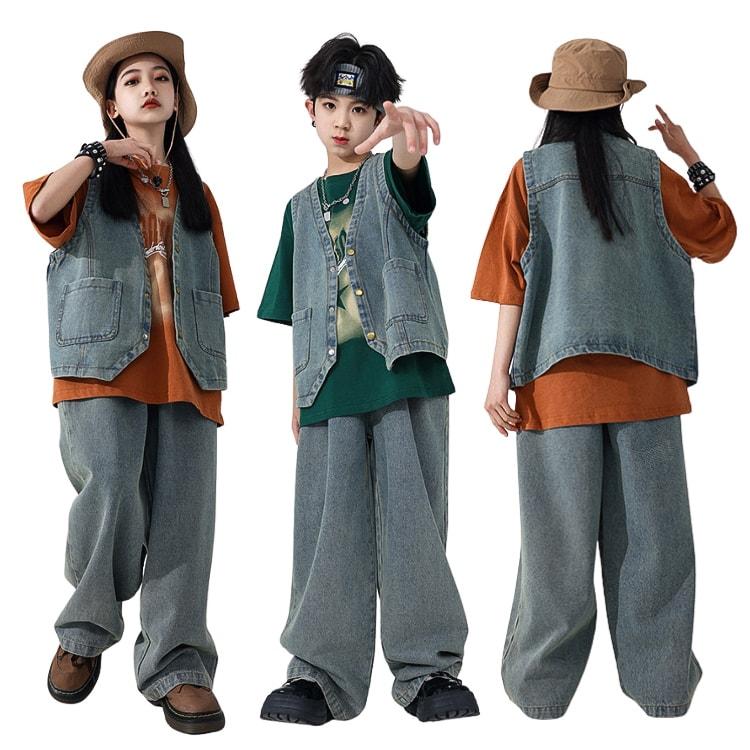[新品発売]子供服 デニム服 キッズ ダンス 衣装 セットアップ 男子 女子 ヒップホップ キッズ ダンス衣装 セットアップ tシャツ ベスト デニムパンツ ストリート系