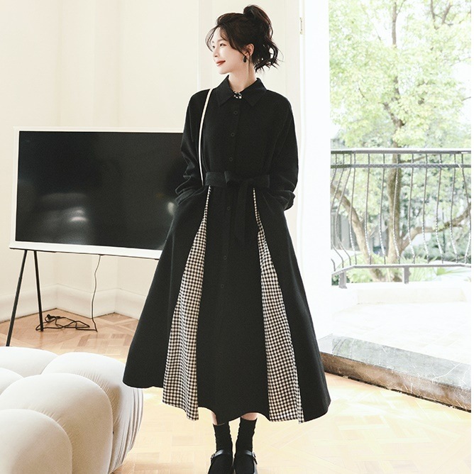 ワンピース レディース フレアワンピース M L XL 2XL 3XL 4XL 韓国 シャツワンピース ミモレ丈 長袖 Aライン 切り替え プリーツ リボン ウエストリボン 前開き 千鳥格子 通勤