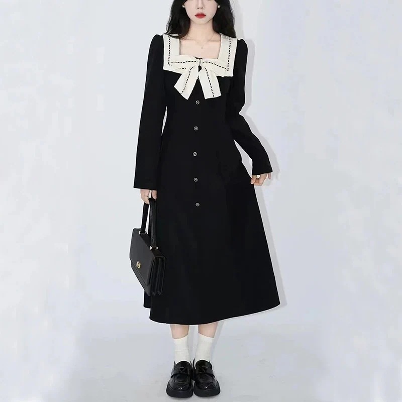 新品更新 フランスの小さい香の令嬢の気質のワンピース女の2024春の のやさしいリボンは腰を収める方の襟の長いスカート