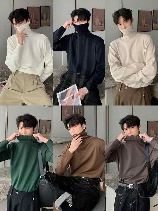 シャツ メンズ 冬 ニット 白 タートルネックセーター プルオーバー 韓国 ソリッドカラー ボトム セーター