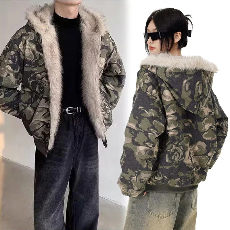 カモ アウター 男女兼用 ファーダウン y2k/フィットミーチム/ハイクオリティ ファーコートファージャケットチ カップル 迷彩 ジャケット ダウン アウター アウター キルティング ファー