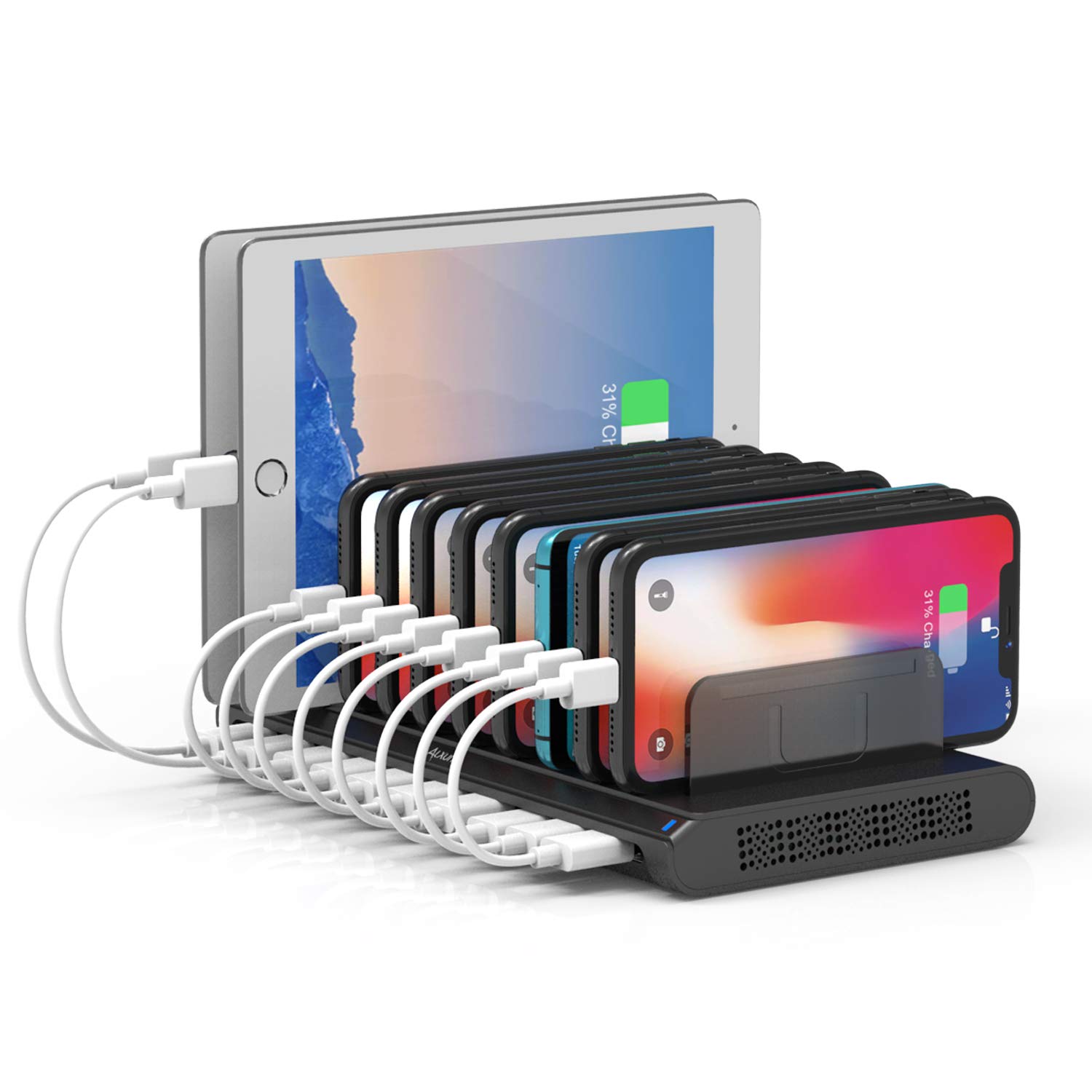 Alxum USB充電ステーション 10*USB Aポート 60W 5V 2.4A PSE認証済 5-8台同時充電 仕切り板調整可能 Android/iPhone/iPad/kindle/タブレット/