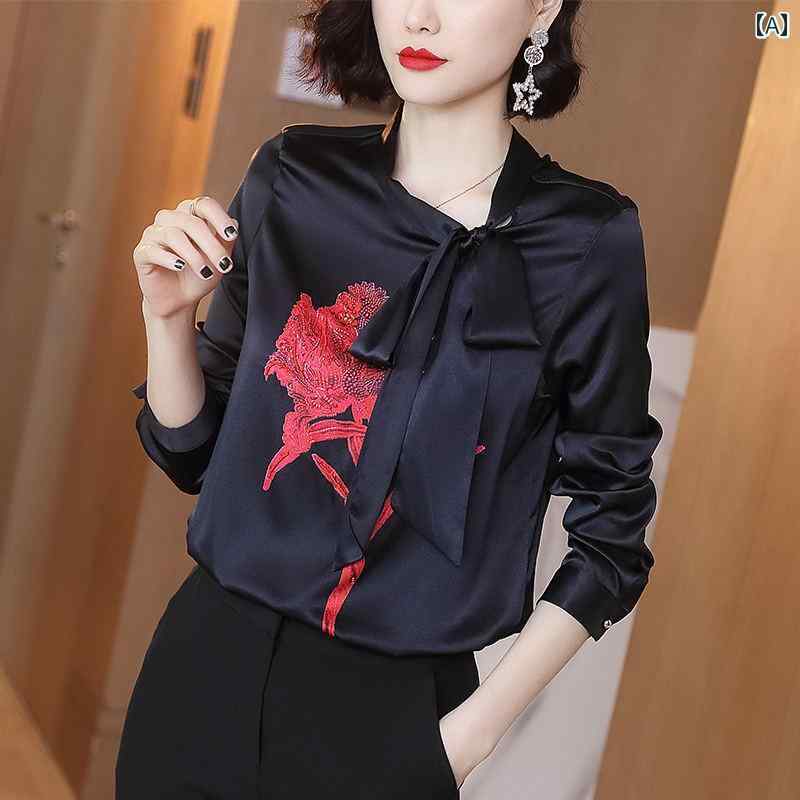 レディース シャツ ブラウス トップス 長袖 マルベリー ラウンドネック リボンタイ 柄プリント ビーズ エレガント クール オフィス ビジネス 外出着 授業参観 食事会 13,904円