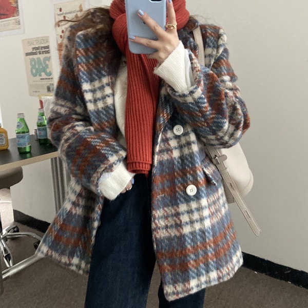 送料0円! 韓ファッション 暖かいウール裏地ダブルチェックハーフコート(mouter1410)