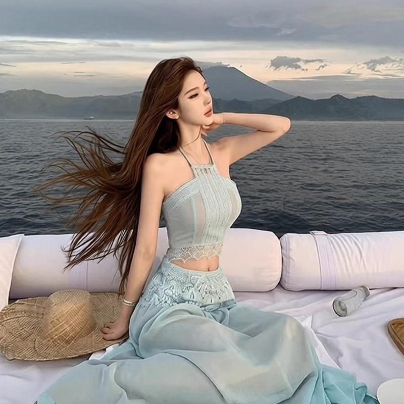 フレンチ リゾート 絶景 フリル ホルターネック トップス ロングスカート セット 夏 上質