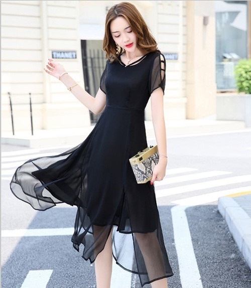 2019 パーティードレス ワンピース パーティー披露宴　結婚式 　丸首　ピンク サイズ選択可能168 : [CN 本舗] レディースワンピース 刺繍 花柄 シースルー