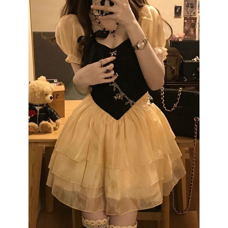 【1つ買うと10つ無料】大サイズの脂肪 ステッチブラックコート風ドレス女性サマーウエストプリンセスふわふわスカート