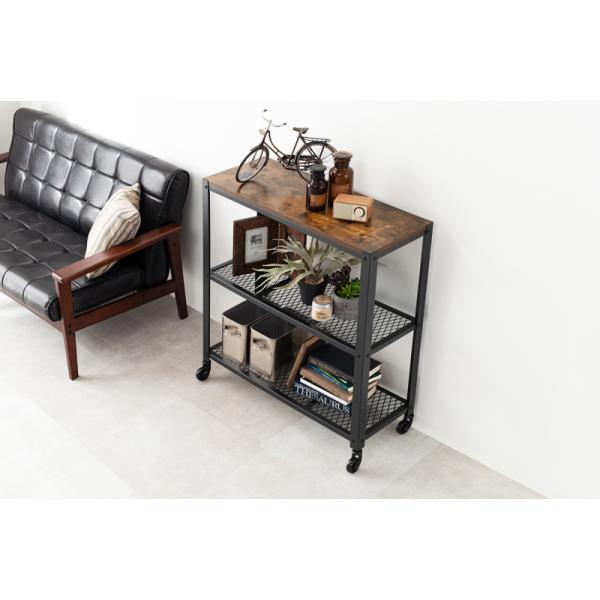 ラック 棚 キャスターワゴン ヴィンテージ 古材風 木製 おしゃれ インダストリアル 艶消しブラック スチールメッシュ 幅80cm 省スペース 14,676円