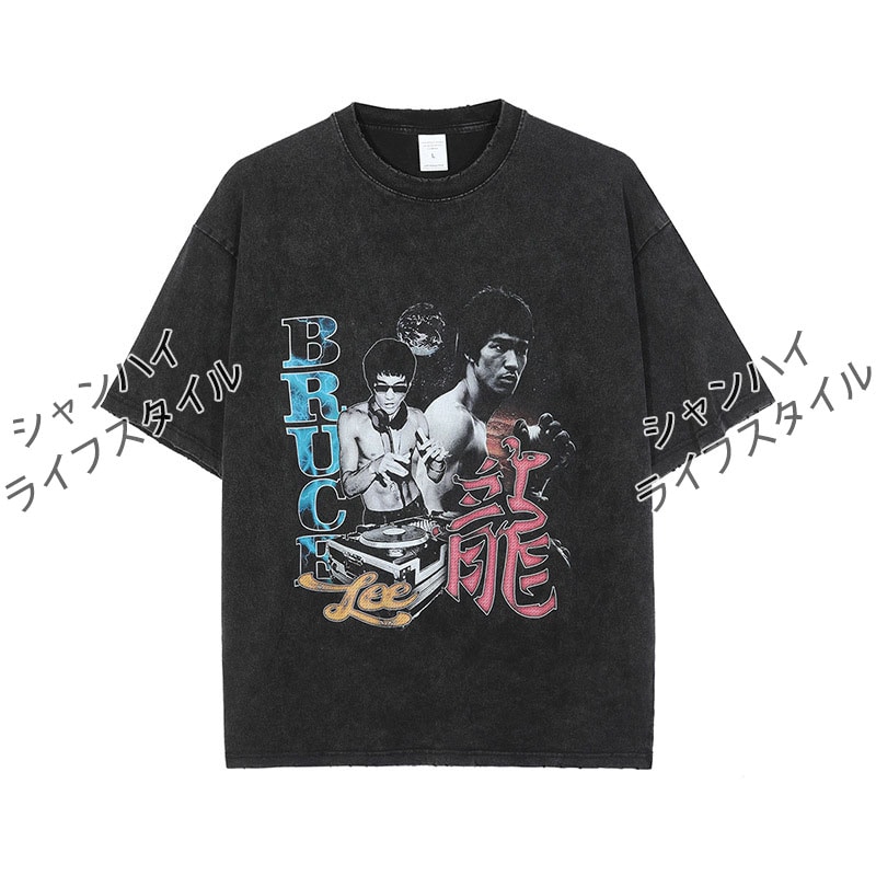【2枚セット】【選べる3Size】半袖Tシャツ ブルースリー (李小龍) プリントTシャツ ゆったり ヴィンテージ 秋季 2021年秋新作 ブラック M L XL