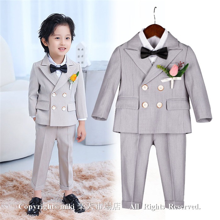 【ワイシャツ 蝶ネクタイ付き! 6点セット ベージュ グレー フォーマルスーツ 男の子 キッズ 子供 ベスト タキシード ジュニア 入学式 入園式 卒業式 七五三 結婚式 発表会 誕生日 お食い初め