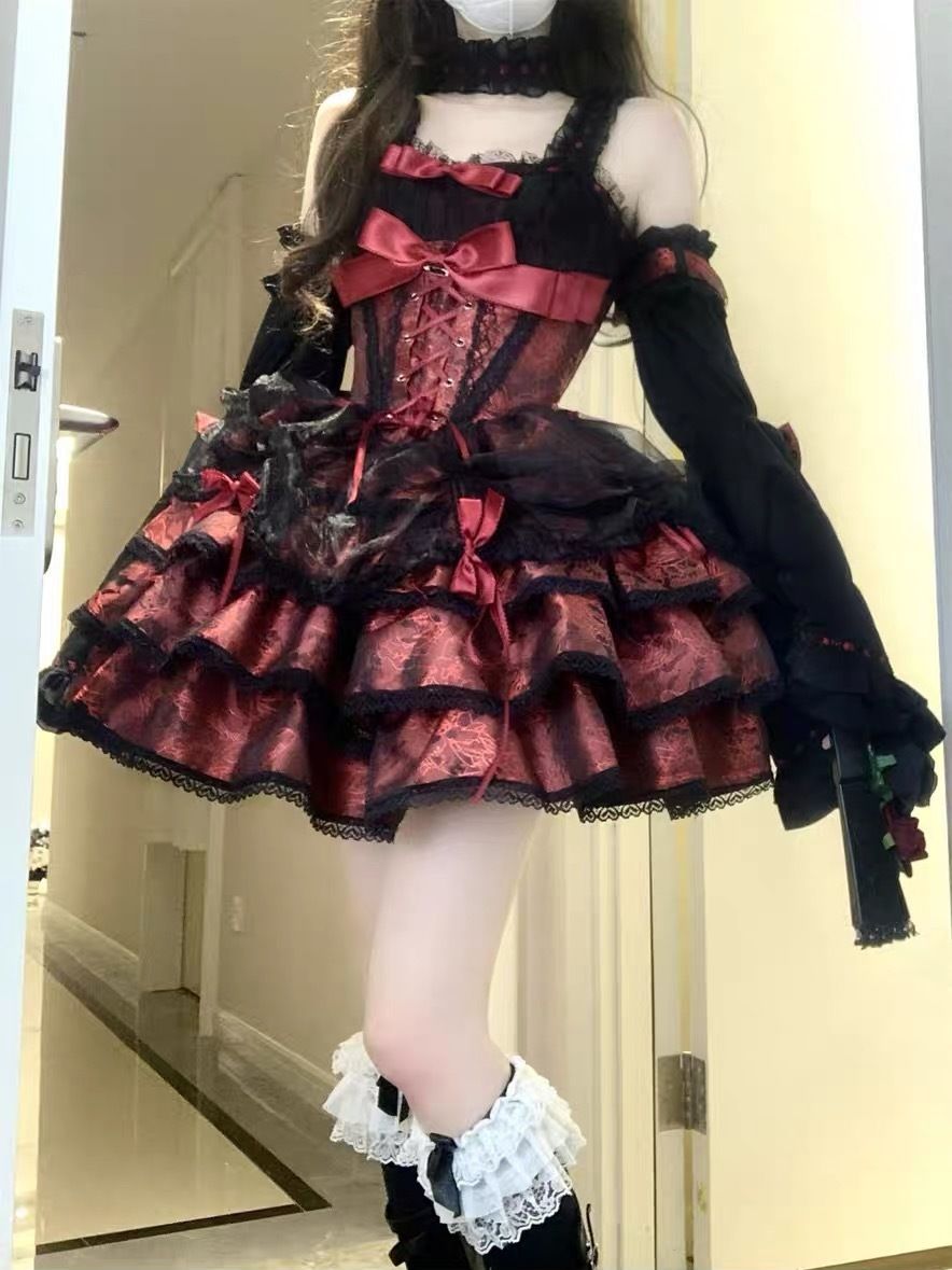 薔薇執事黒紅ロリータjsk甘辛lolitaワンピースかわいい二次元cos服