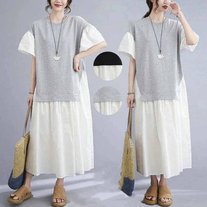 マキシワンピース 春夏 ワンピ ロングワンピース レディース ドッキング 体型カバー チュニック 綿水着ワンピースuvカットパーカー