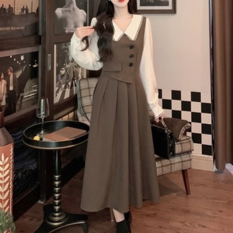 ワンピース フレア ロング丈 袖あり 長袖 2XL 3XL 4XL ブラウン カジュアル 大人 上品 お洒落 主役級 存在感 春 秋 10代 20代 ガーリー 個性的 韓国 アシンメトリー レトロ