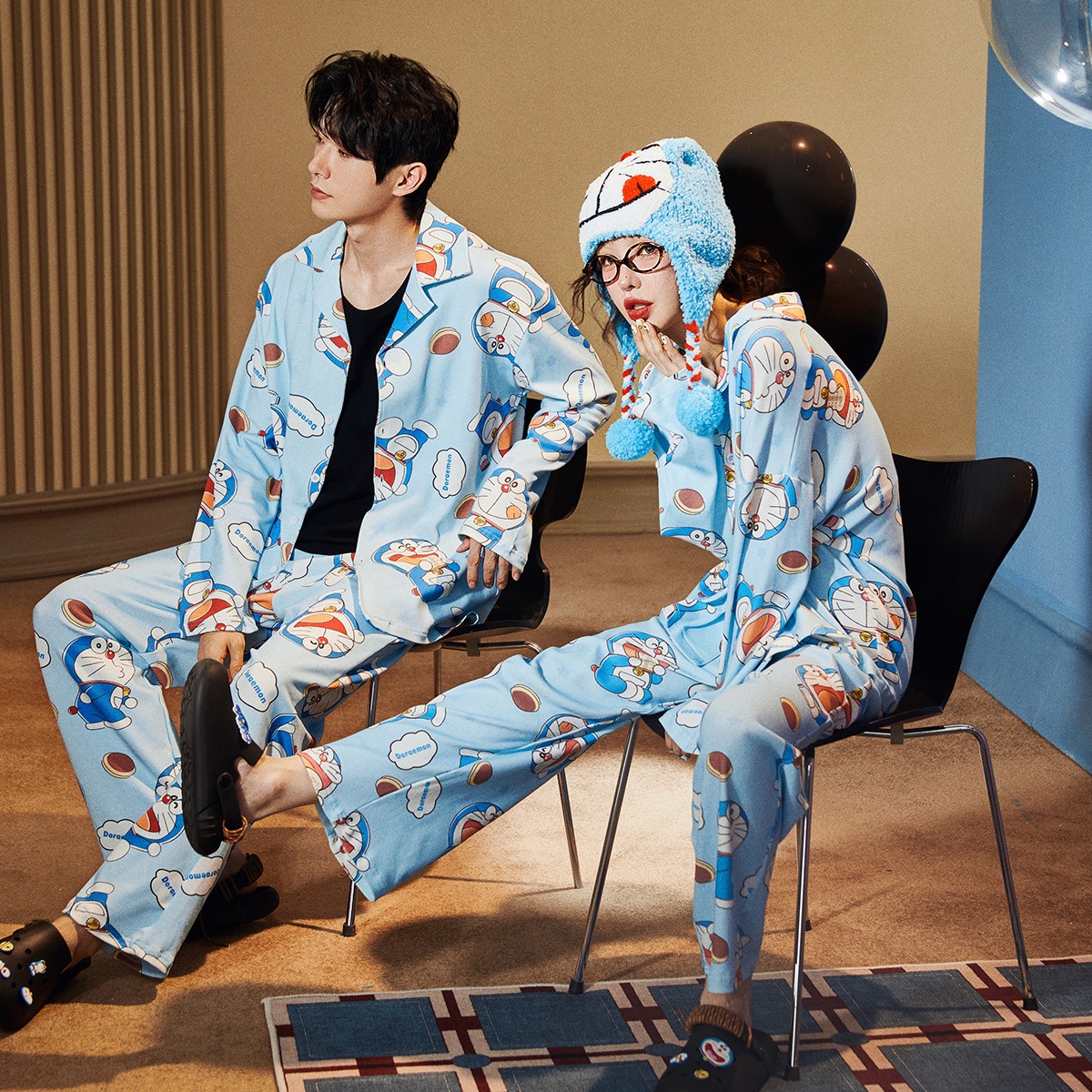 runma [軽くて柔らかい] ドラえもんカップルパジャマ 女性用 春秋 長袖 漫画 抗菌綿 ホーム服 男性用