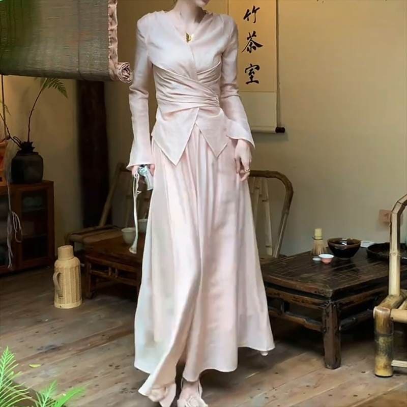 ギャザートップス＋ドレープスカートセットアップ セパレートドレス レディース セットアップ ツーピース ドレス 上下セット 長袖 フレアスリーブ ギャザー ロングスカート フレア Vネック カシュクー 5,793円