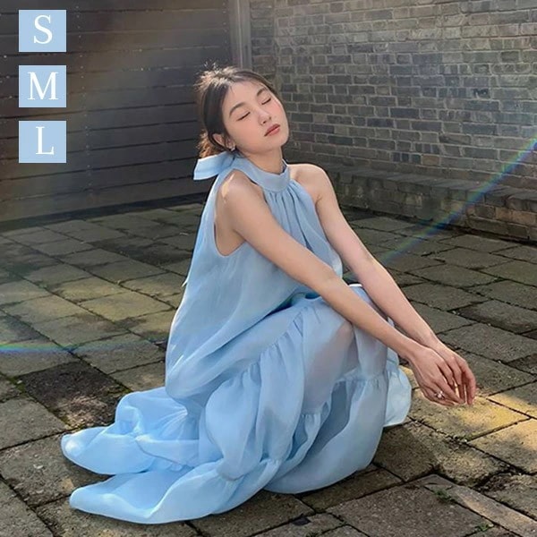 ワンピース ノースリーブ 大人かわいい リゾートワンピース スレンダーライン ハイネック ティアード 袖なし 夏ワンピ エレガント 着やせ Aライン ブルー S M L bi155zezex1