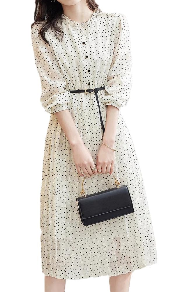 【短納期】 レディース ワンピース ドットワンピース ロングワンピース ドレス 春 秋 冬 長袖 クールネック フリル 着痩せ Aライン ゆったり おしゃれ きれいめ 通学 通勤 デート