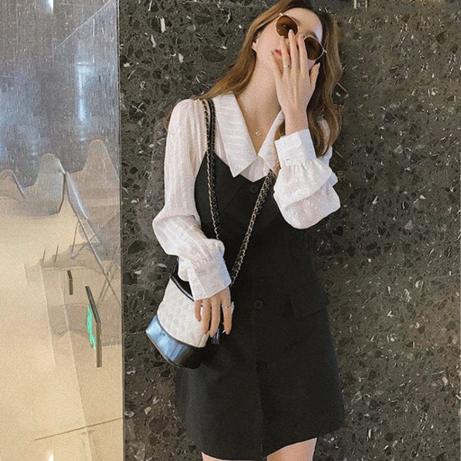 ブラウスシャツキャミソールワンピース2点セットレディースブラウス長袖ミニワンピース無地セットアップシャツワンピ30%までに制限