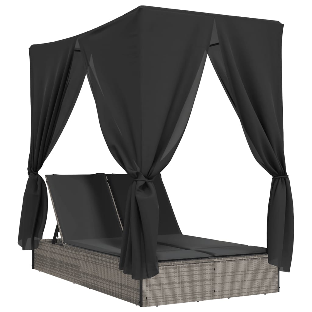 2人掛けサンラウンジャー ルーフ＆カーテン付き グレー ポリラタン