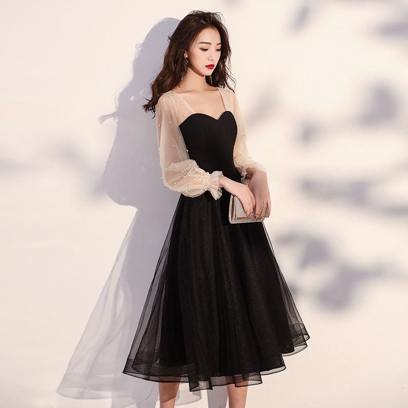 【2025新作入荷】黒いイブニングドレス 女の宴会 上品な洋服 ワンピース 小柄な人 誕生日 卒業ドレス