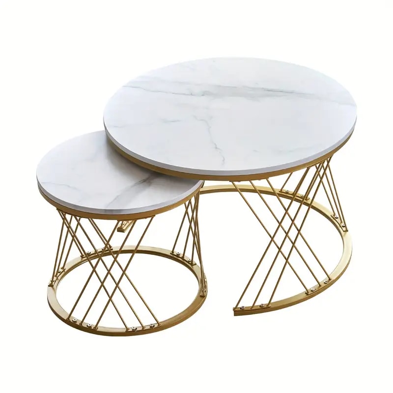 【新作登場】センターテーブル ネストテーブル ローテーブル 入れ子式 天板 大理石調 2個セットサイドテーブルローテーブル 丸 円型テーブル ローテーブル北欧風 一人暮ら 【ホワイト＋ゴールド脚】コー