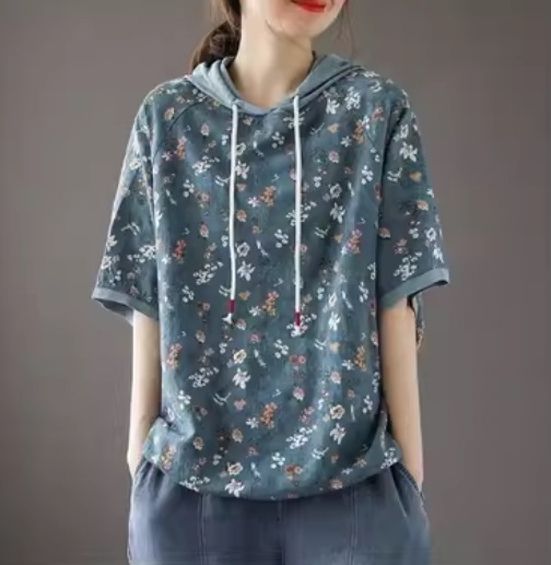 トップス ゆったり 可愛い パーカー フーディー 半袖 フード付き 伸縮性 通気性 かわいい 可愛い きれいめ カジュアル おしゃれ お洒落 レトロ アジアン エスニック エキゾチック