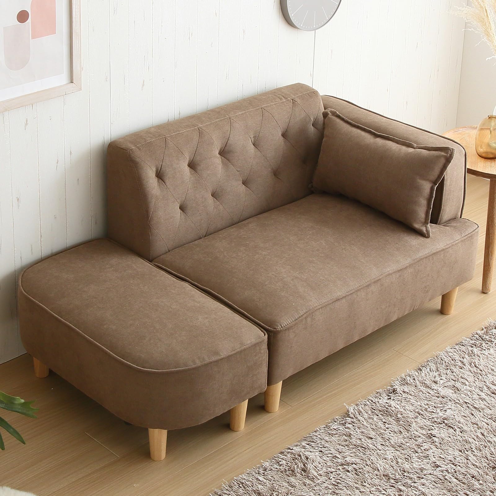 家具350 ソファー 2人掛け 幅135cm オットマン クッション付 片肘 ロー カウチ コンパクト リビング ファブリック ブラウン 118018