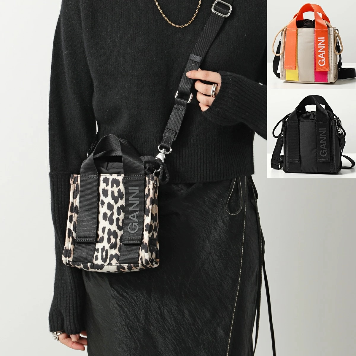 GANNI ガニー ショルダーバッグ Recycled tech Mini Tote A5060 A5059 A4920 レディース ミニバッグ クロスボディバッグ レオパード ロゴ 鞄 カラー3色