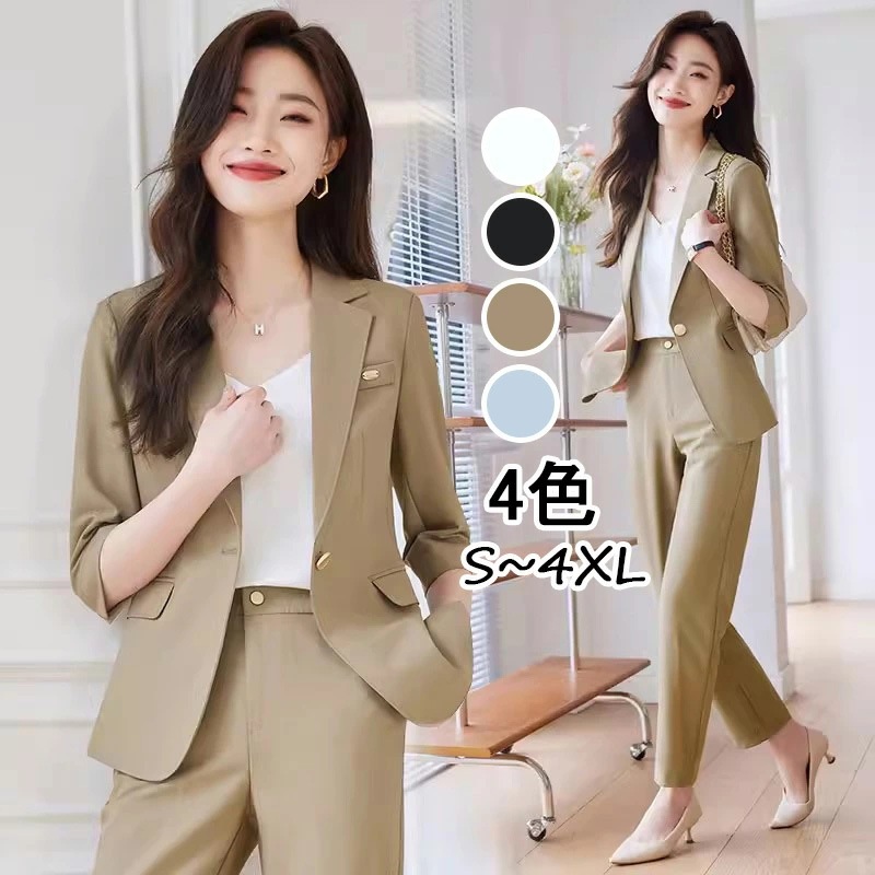 送料無料 全4色 パンツスーツ レディース ベージュ ブラック スーツ 2点セット ブルー カーキ 無地 オシャレ 7分袖 テーラードジャケット スーツセット オフィススーツ 通勤 OL カジュアルス