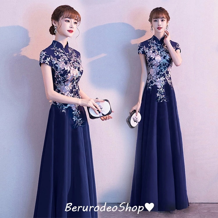 チャイナドレス ネイビー Aライン ドレス 袖あり イブニングドレス 刺繍 キレイめ 30代 40代 マーメイドドレス スリット セクシー パーティードレス 立ち襟 半袖 結婚式ドレス 紺色 ロングド