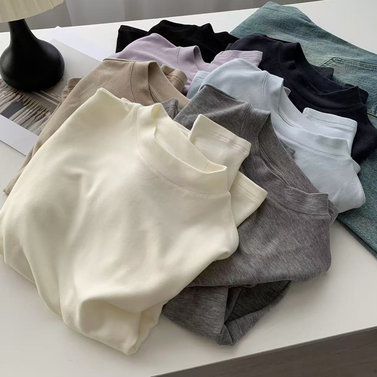 テンセルウールのスタンドカラーベースシャツレディース無地ベーシック万能長袖Tシャツ秋冬用起毛暖かいインナー韓国風