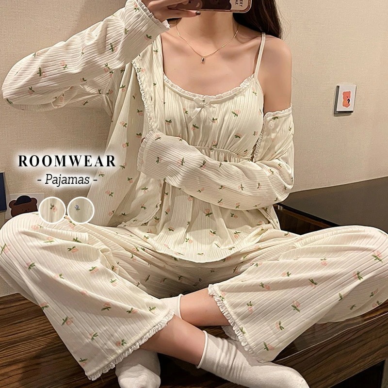 ルームウェア レディース かわいい おしゃれ 花柄 ドビーストライプ 長袖 トップス キャミソール パンツ 3点セット シンプル 寝巻き 大人 上下 セットアップ パッド入り 入れ替え可 おうち 部屋