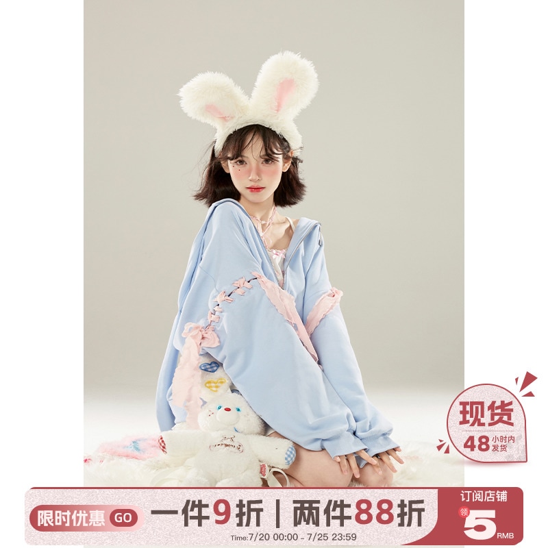 11SH97 ブルーかわいいウサギの耳フード付きスウェットシャツジャケット女性用デザイン取り外し可能なストラップカーディガントップ