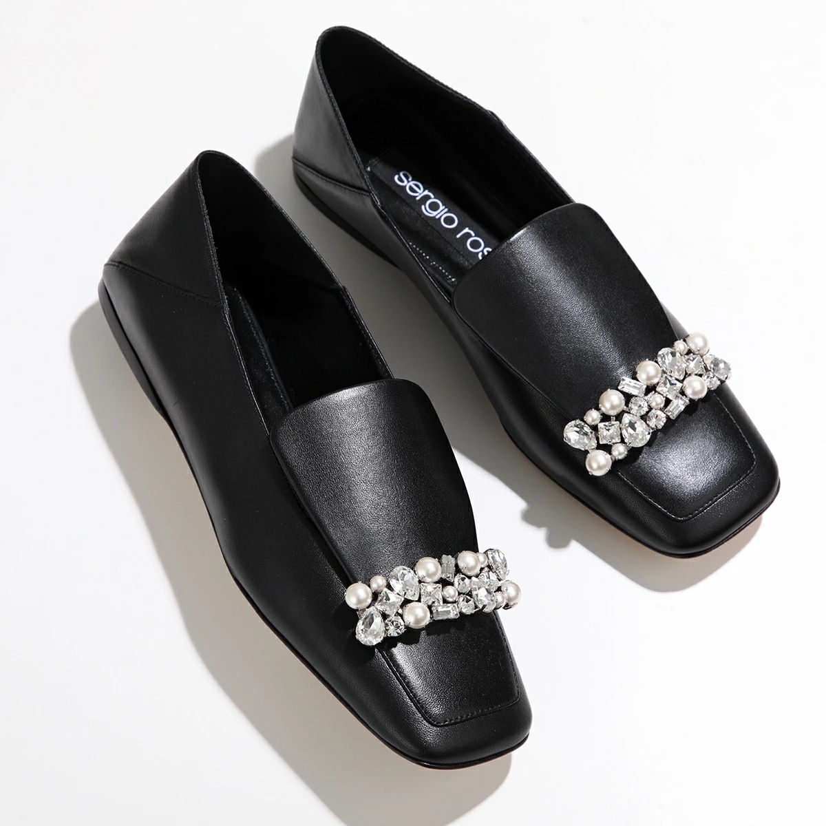 Sergio Rossi セルジオロッシ パンプス SR1 005 B09830 MNAN07 レディース フラットシューズ レザー パール ビジュー スクエアトゥ 靴 1000/NERO-CUOIO