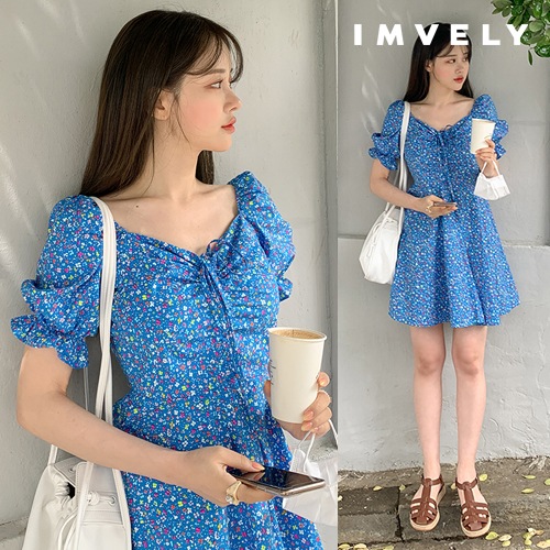 [IMVELY イムブリー公式] フラワーミニワンピース(ブルー) 韓国ファッション
