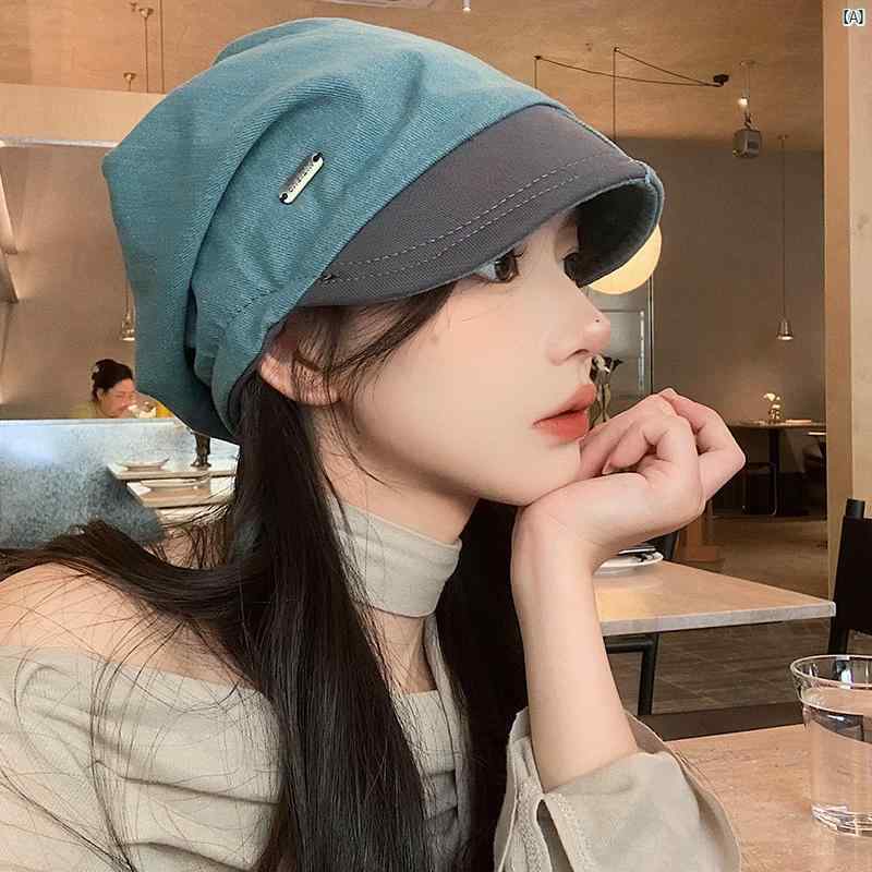 レディースファッション　ファッション小物　オシャレ ウェイストランド デニム スプライシング 短い つば パイル ハット 秋冬 レトロ 大きい頭囲 クール 顔 見せ 小柄 帽子
